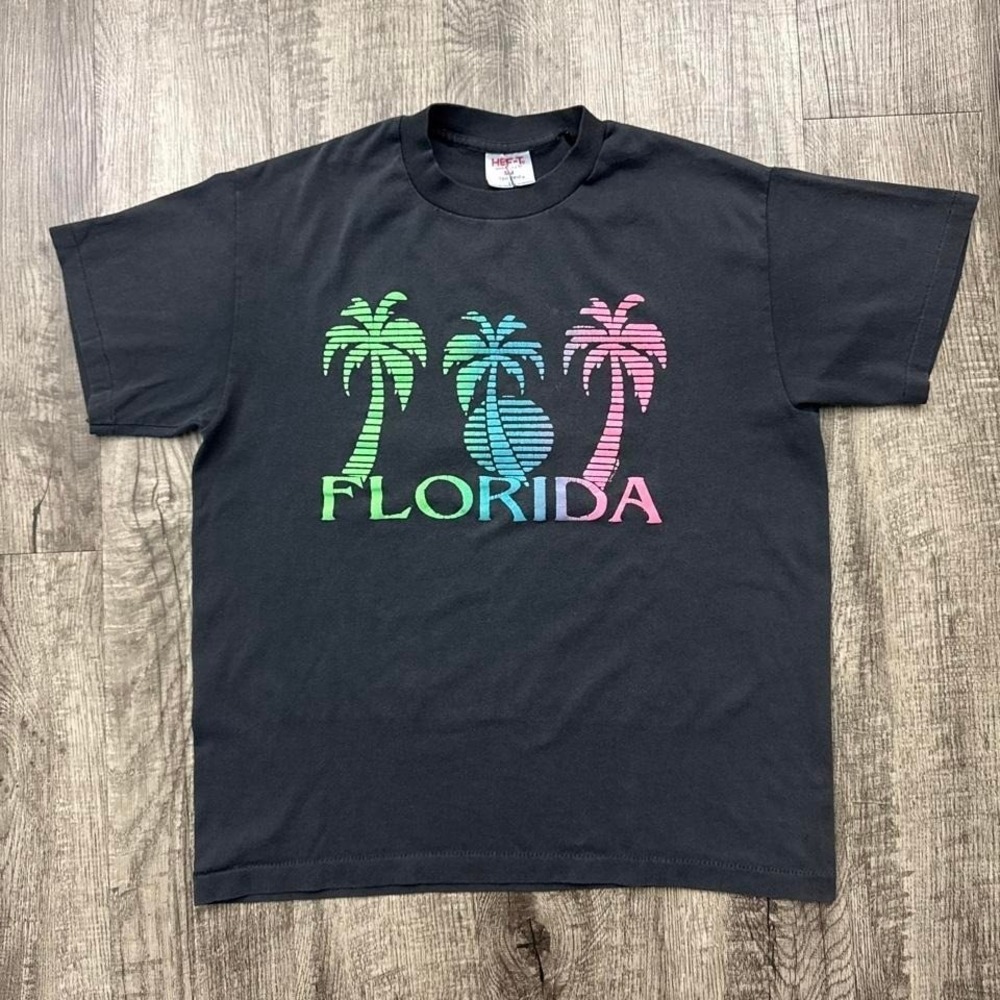 Vintage Multicolor Florida Palm Tree T-Shirt Faded Black Single Stitch Tee L